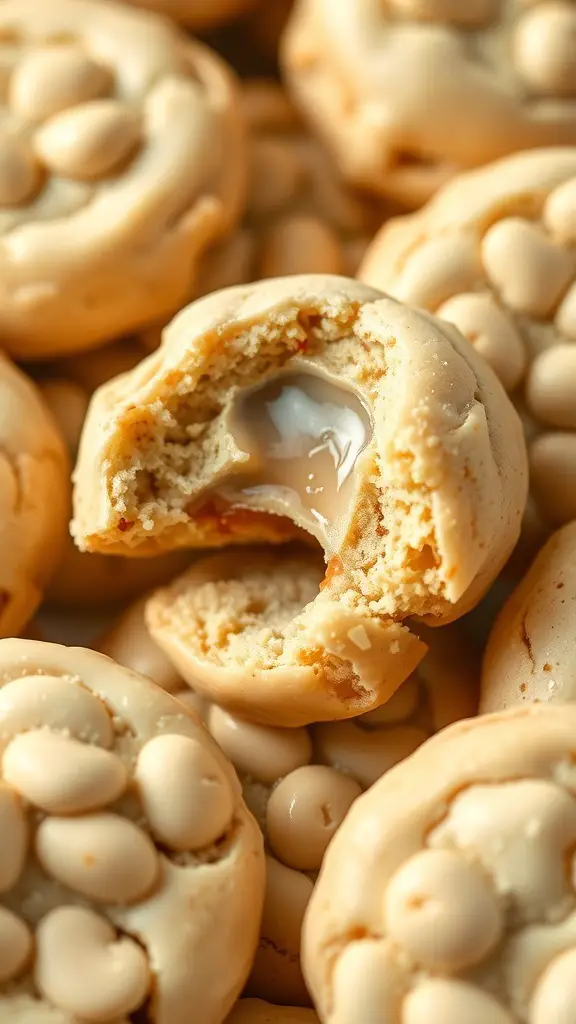 A close-up of white chocolate macadamia nut cookies, some broken open to show the chewy interior.