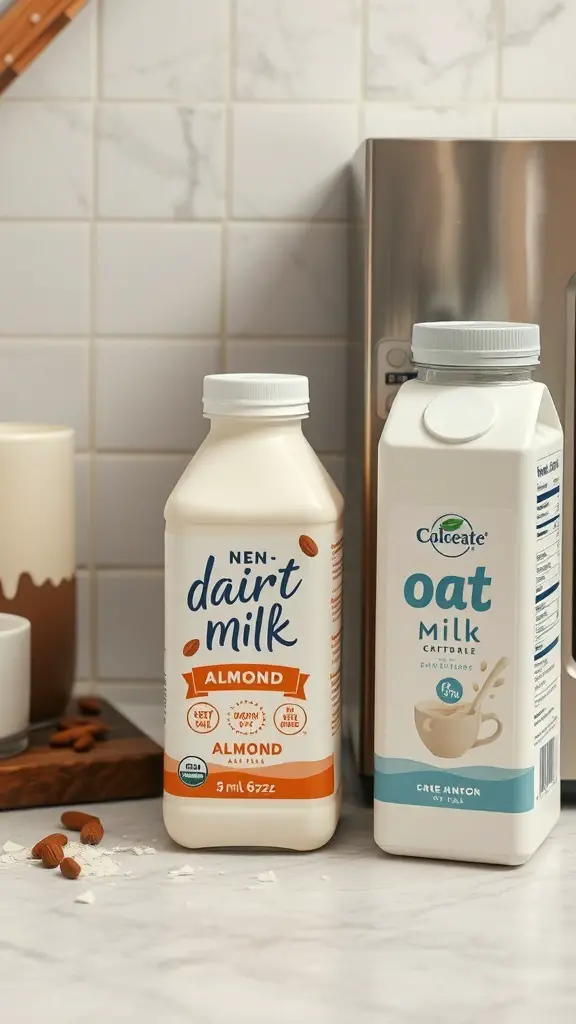 Bottles of almond milk and oat milk on a kitchen counter