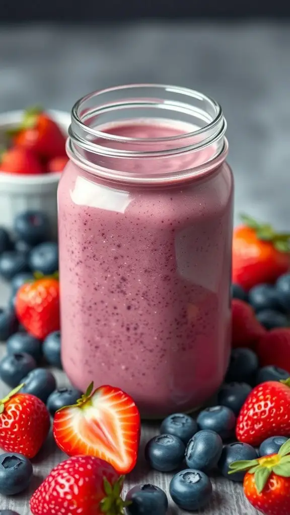 A jar of berry protein shake surrounded by fresh strawberries and blueberries