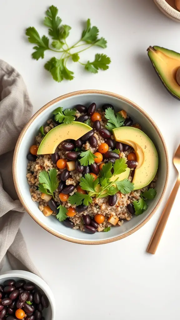 A colorful quinoa and black bean bowl topped with avocado slices and cilantro.