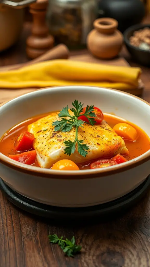 A bowl of saffron and tomato poached fish garnished with herbs, surrounded by cooking utensils.