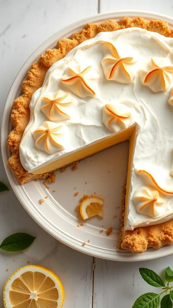 A delicious lemon meringue pie with a slice taken out, garnished with lemon slices and mint leaves.