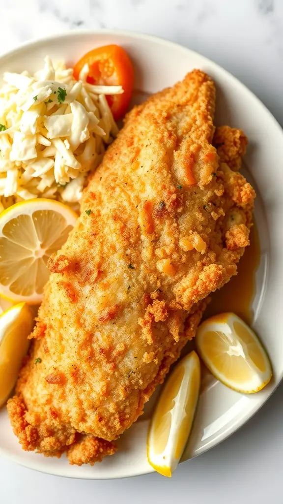 A plate of crispy fried catfish with lemon wedges and coleslaw
