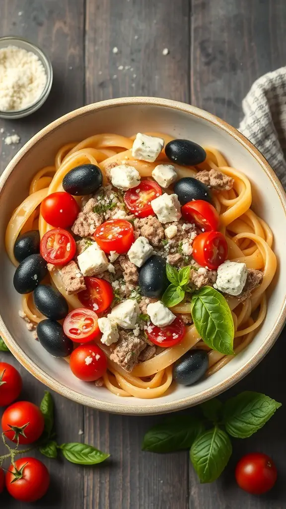 A bowl of Mediterranean Tuna Pasta with cherry tomatoes, black olives, and feta cheese.