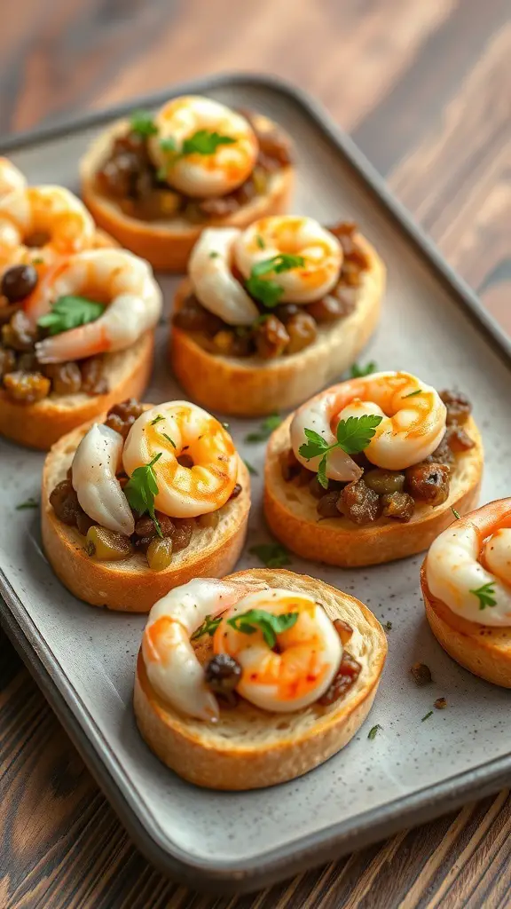 A platter of Shrimp and Olive Tapenade Crostini topped with shrimp and garnished with parsley.