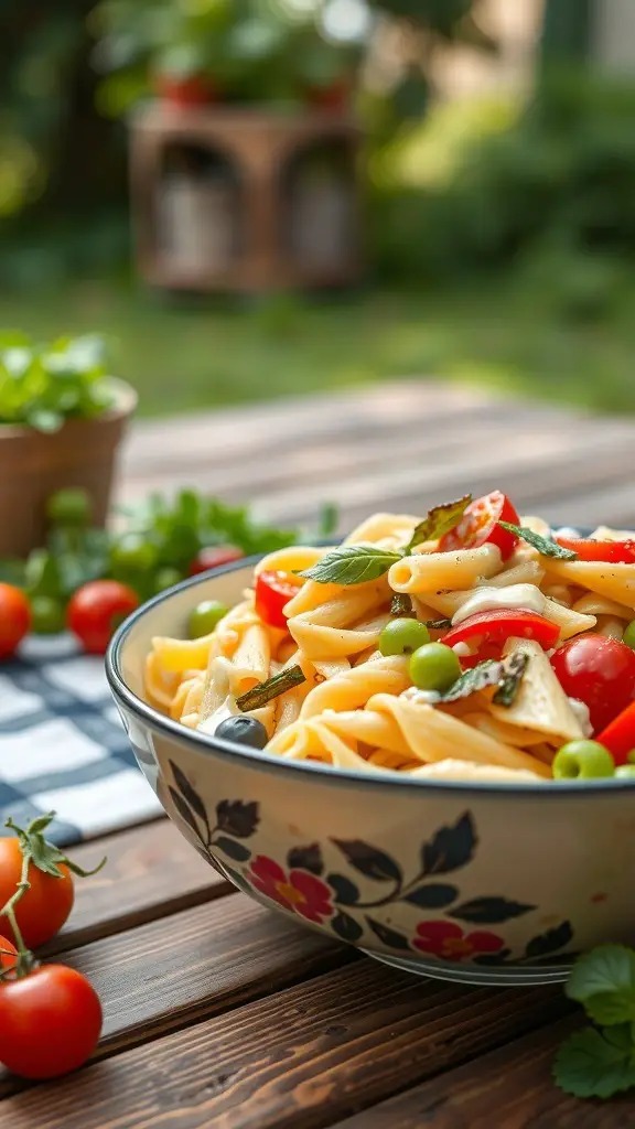 A colorful bowl of cold pasta salad with cherry tomatoes, olives, and Italian dressing on a wooden table.