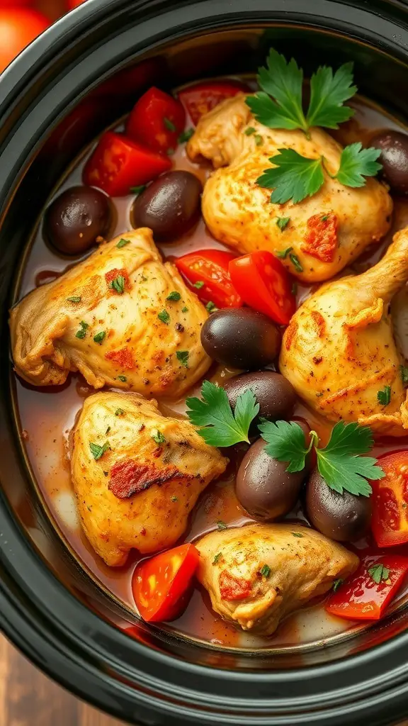 A close-up of Mediterranean chicken with olives, tomatoes, and herbs in a crock pot.