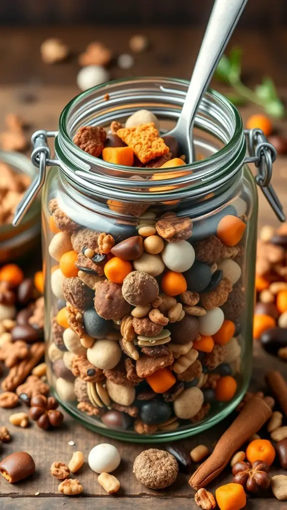 A jar filled with colorful trail mix, including nuts, seeds, and crunchy snacks.