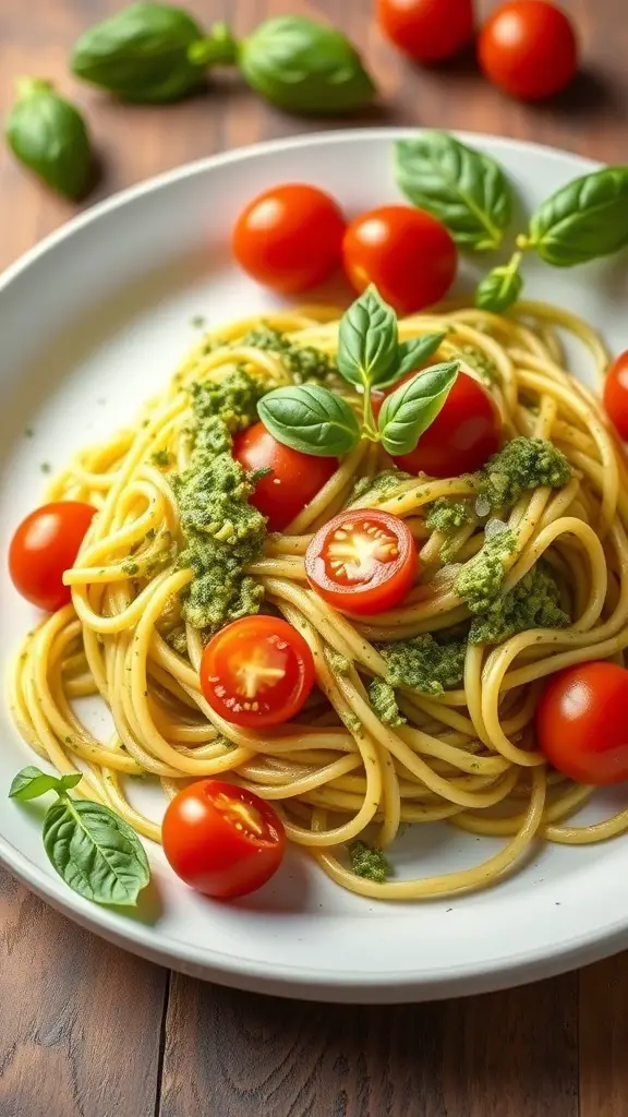 A plate of zucchini noodles topped with pesto and cherry tomatoes