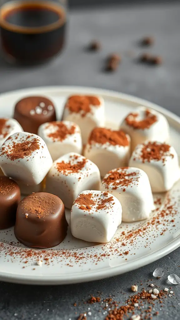 A plate of gourmet chocolate-covered marshmallows with cocoa powder sprinkled on top.