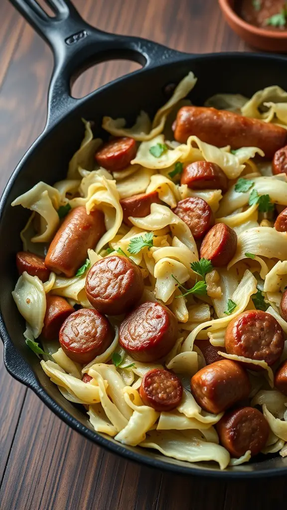 A skillet filled with cabbage, sausage, and noodles, showcasing a hearty meal.