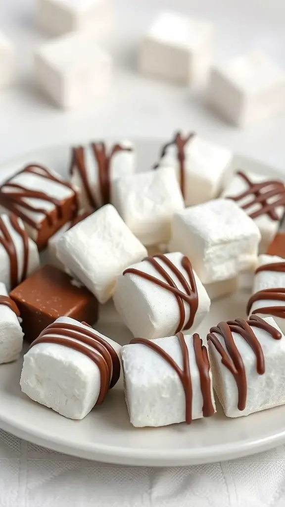 A plate of chocolate dipped marshmallows with drizzled chocolate on top.