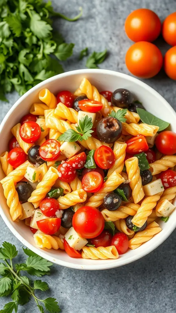 A bowl of cold pasta salad with cherry tomatoes, black olives, and mozzarella cheese.