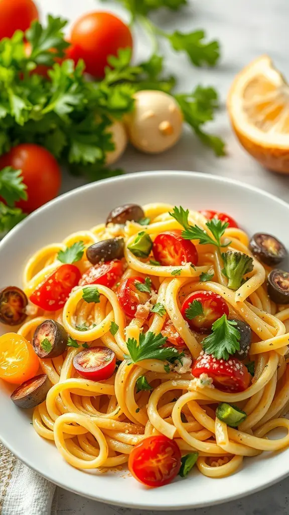 A plate of Pasta Primavera with cherry tomatoes, olives, and fresh herbs.