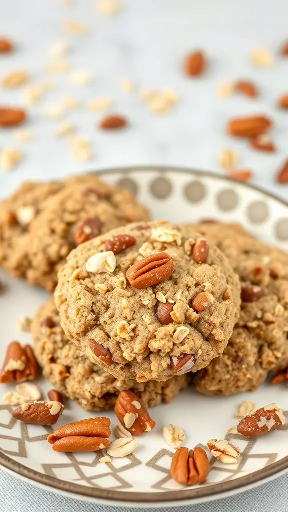 A plate of nutty toffee oatmeal cookies with pecans and oats scattered around.