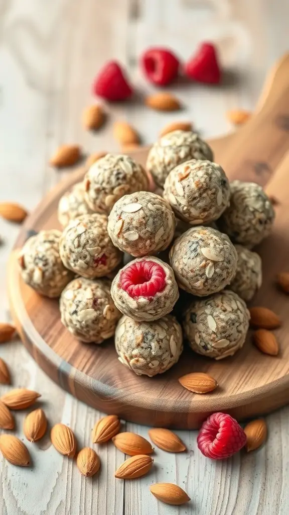 A wooden platter with raspberry almond energy bites, almonds, and fresh raspberries.