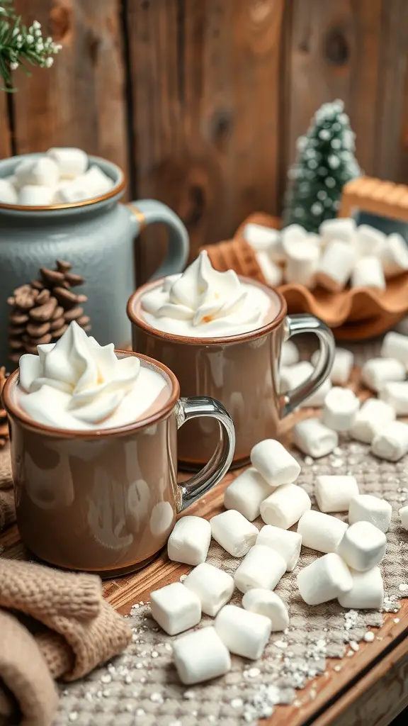 A cozy hot chocolate station with mugs of hot chocolate, whipped cream, and marshmallows on a wooden table.