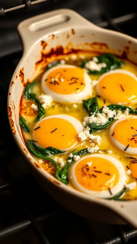 Baked eggs with spinach and feta in a baking dish