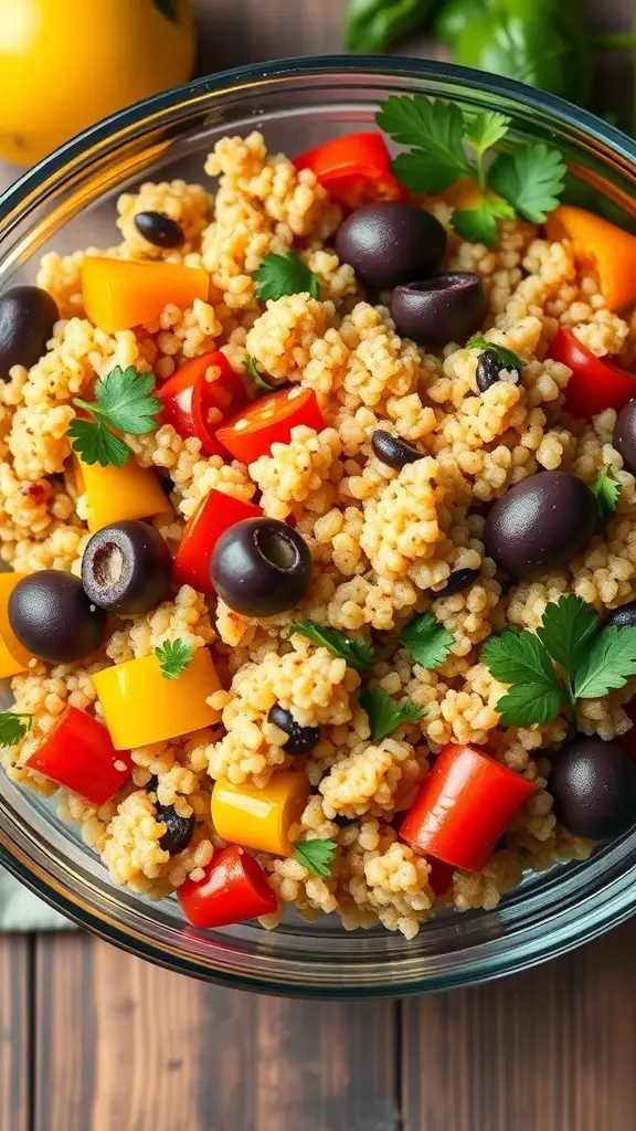 A colorful Mediterranean quinoa salad with bell peppers, black olives, and parsley.