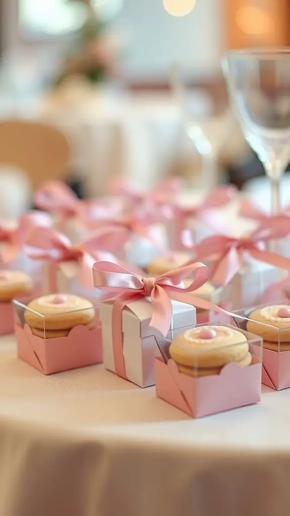 Elegant cookie favors in pink boxes with ribbons on a table