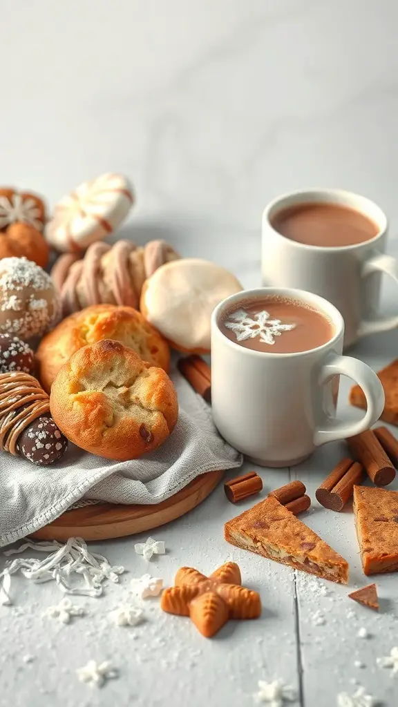 A cozy hot cocoa bar with two cups of hot cocoa surrounded by various festive treats including cookies, chocolates, and cinnamon sticks.