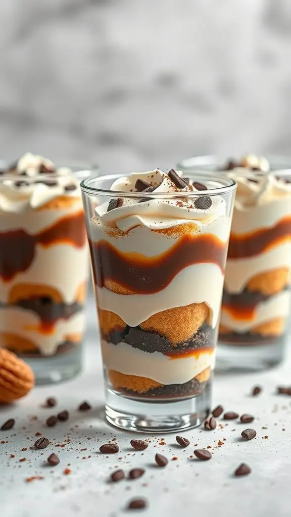 Elegant tiramisu served in glasses with layers of cream and coffee-soaked ladyfingers