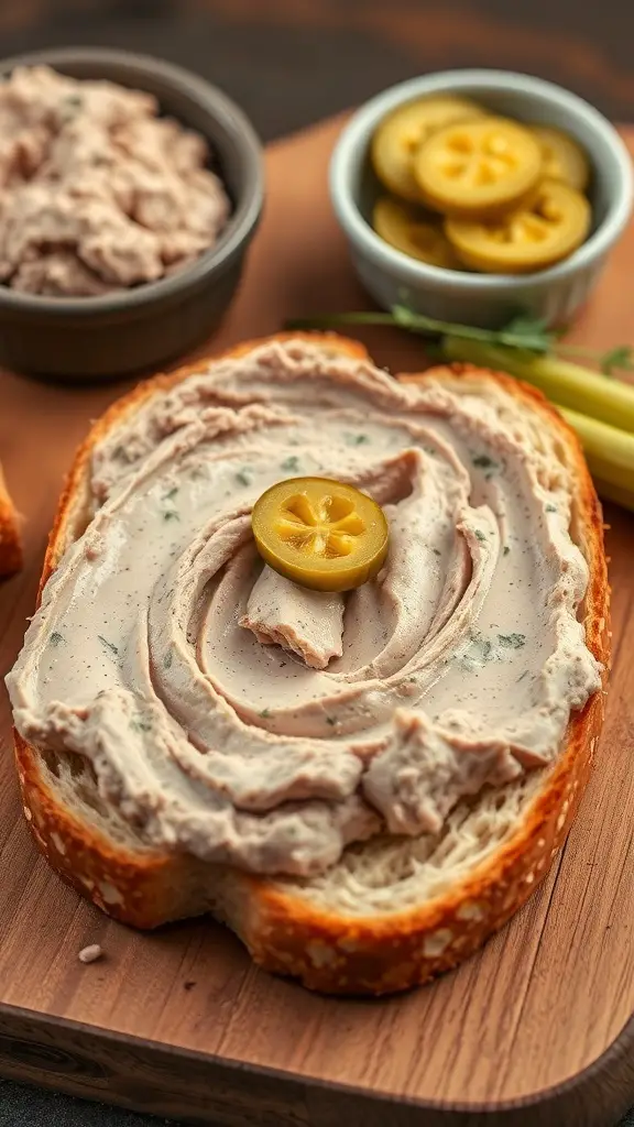 A slice of toast topped with creamy chicken liver pâté and a slice of pickled lemon.