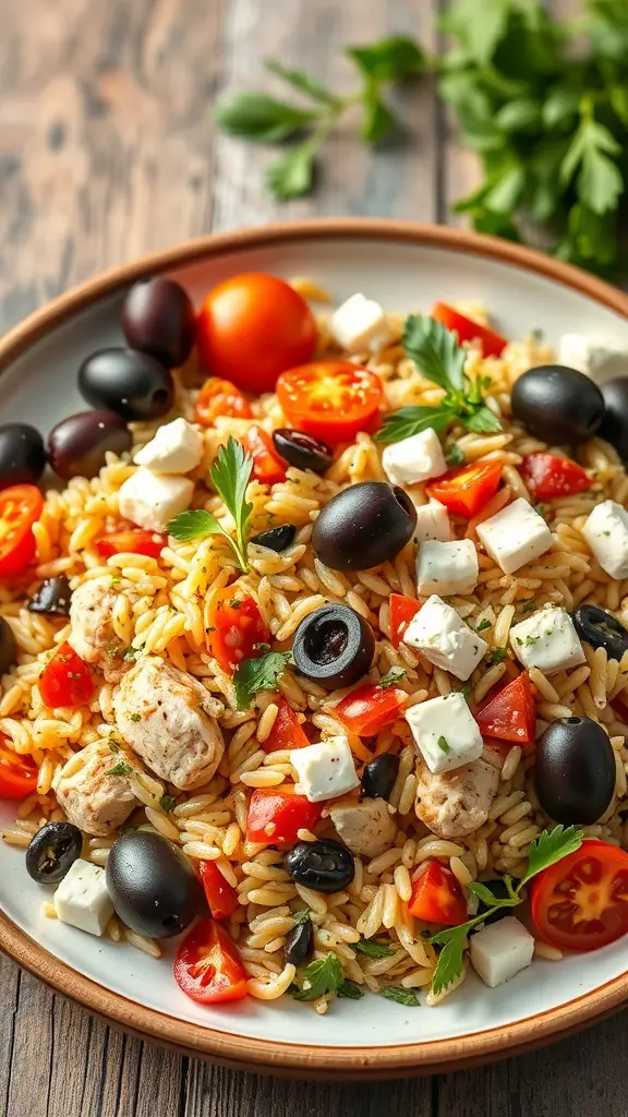 A plate of Mediterranean Chicken Orzo with chicken, olives, tomatoes, and feta cheese.