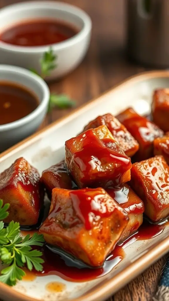Delicious pork belly bites glazed with sauce, served on a plate with fresh herbs and dipping sauces.