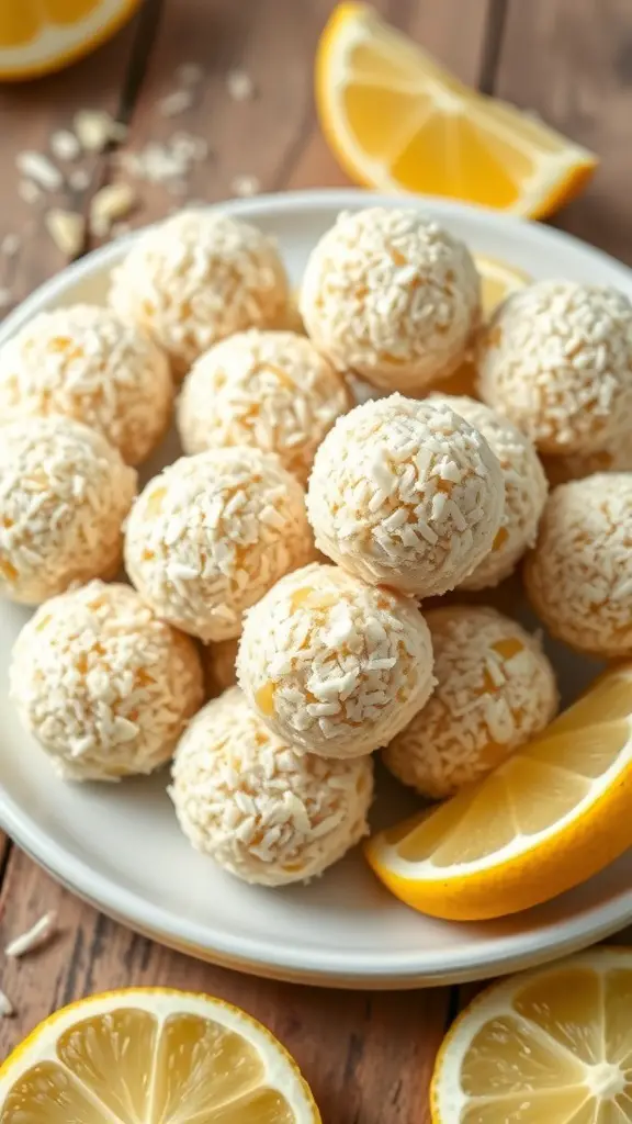A plate of lemon coconut energy bites with lemon slices