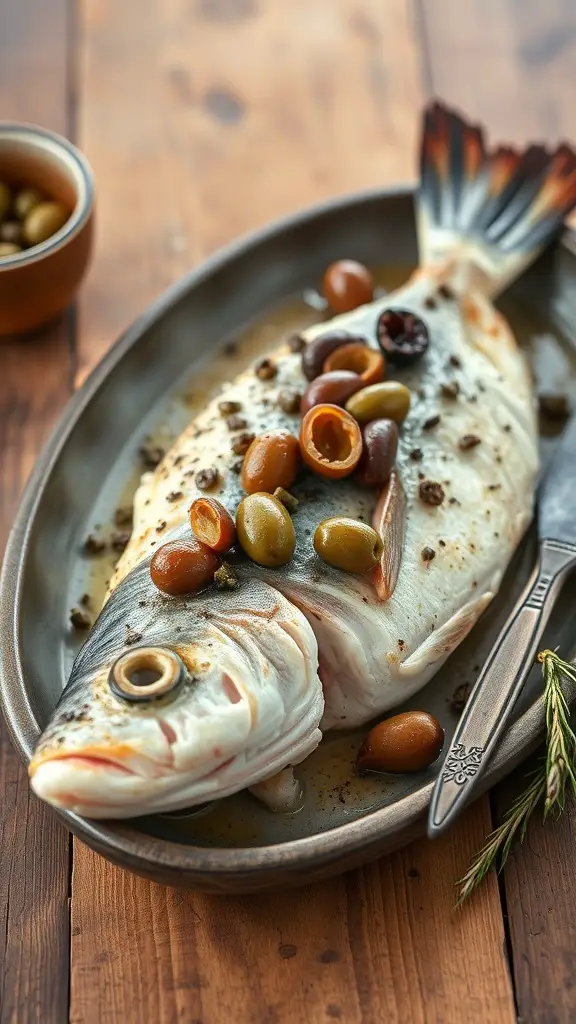 Baked sea bass topped with olives and capers on a serving platter
