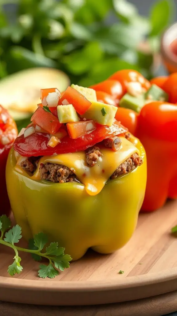 Colorful keto taco stuffed peppers topped with cheese and salsa.