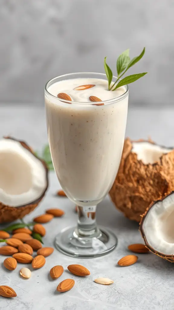 A glass of Coconut Almond Smoothie garnished with almonds and mint, surrounded by coconut halves and almonds.