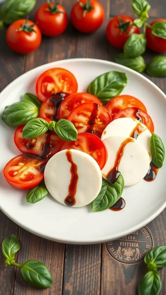 A plate of Caprese salad featuring sliced tomatoes, mozzarella cheese, fresh basil, and balsamic glaze.
