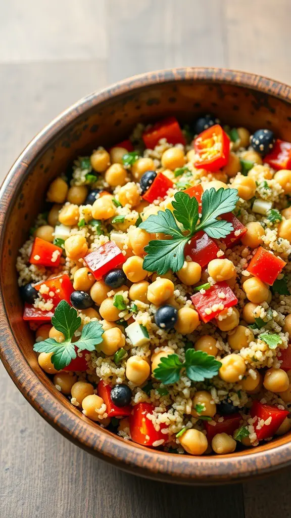 A bowl of Mediterranean quinoa salad with chickpeas, red peppers, and black olives, garnished with parsley.