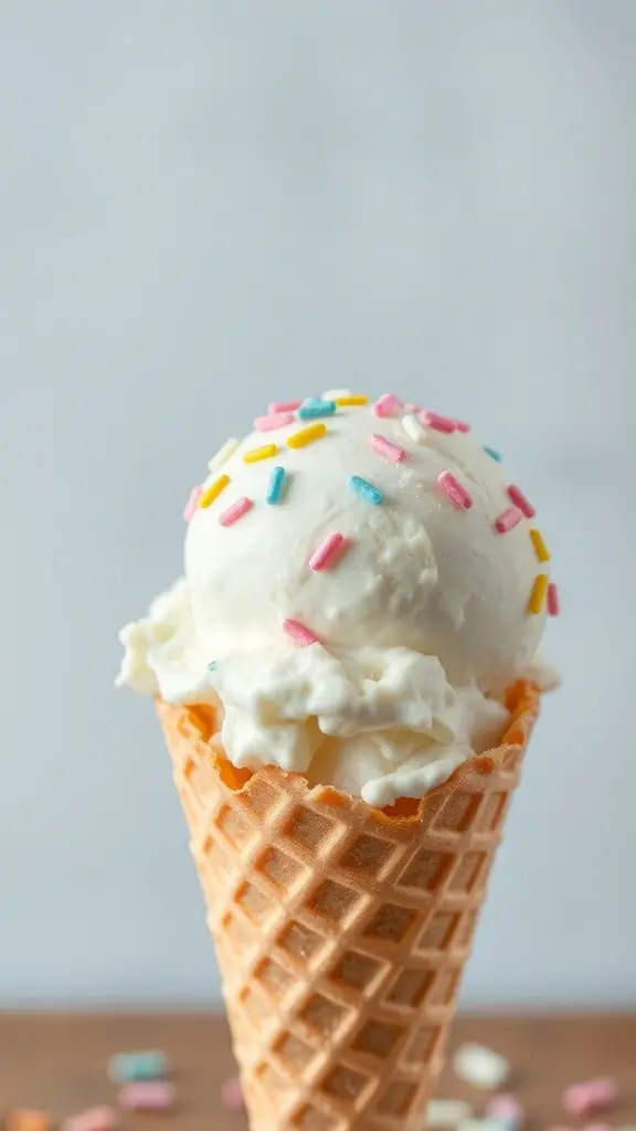 A scoop of cottage cheese ice cream in a waffle cone topped with colorful sprinkles.