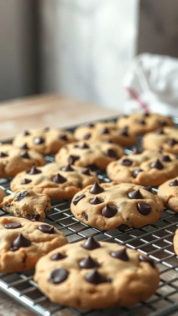 Freshly baked chocolate chip cookies on a cooling rack