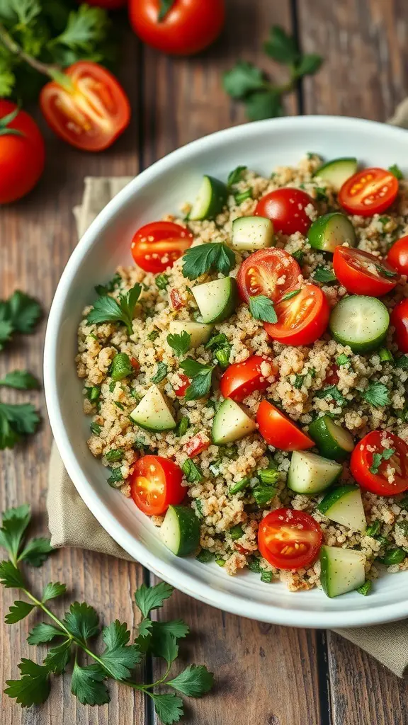 A bowl of quinoa tabbouleh with cherry tomatoes, cucumbers, and parsley on a wooden table.