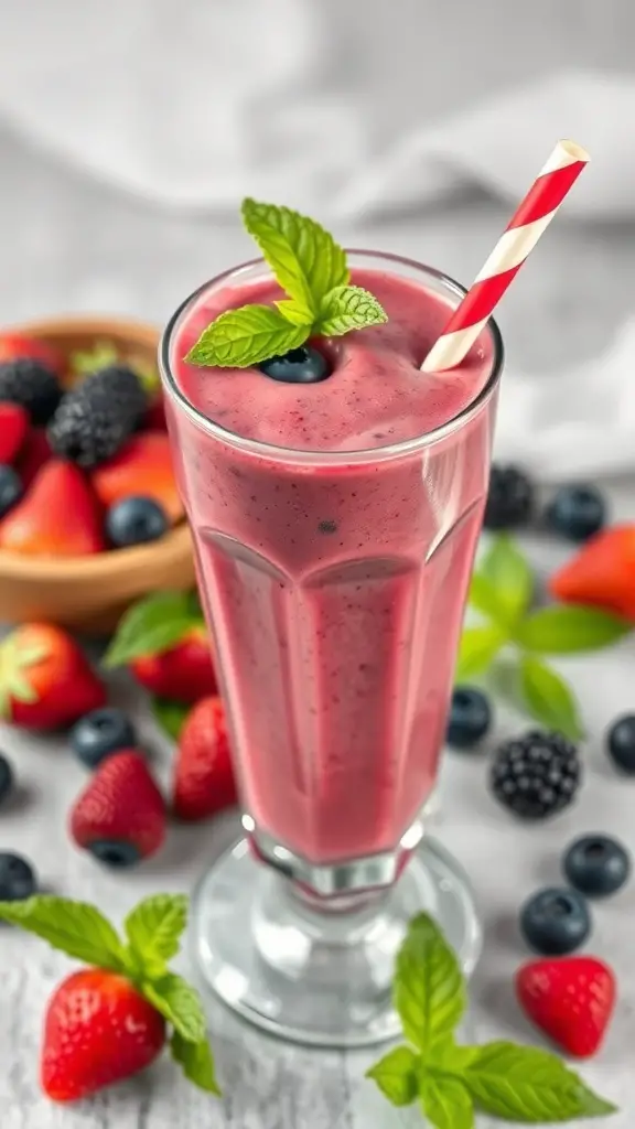 A colorful berry smoothie topped with mint, surrounded by fresh berries.
