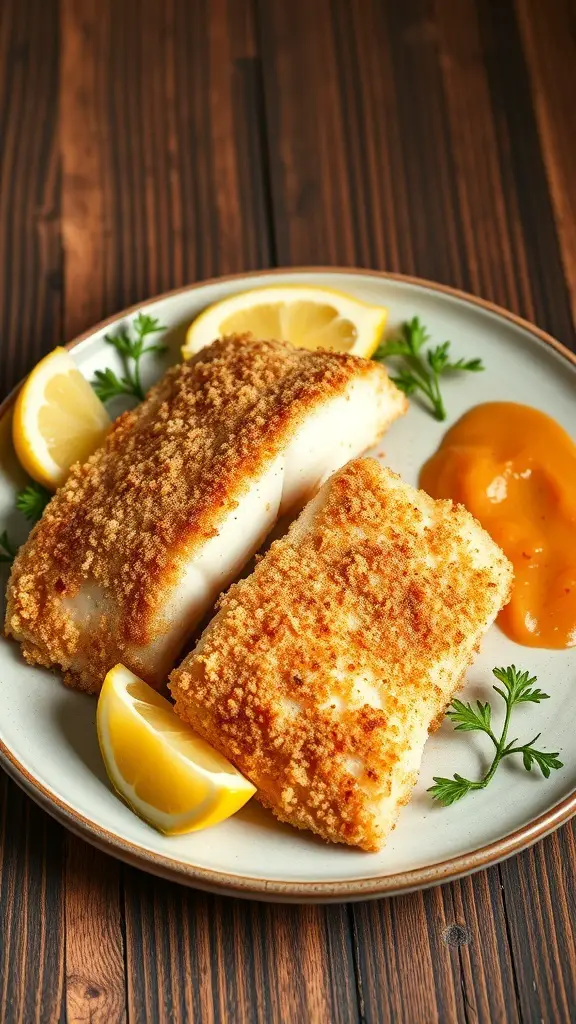 Crispy panko-crusted tilapia served with lemon and dipping sauce