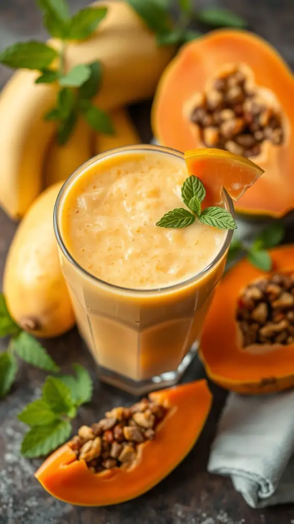 A refreshing Papaya Mango Delight smoothie in a glass, surrounded by fresh bananas and halved papayas.