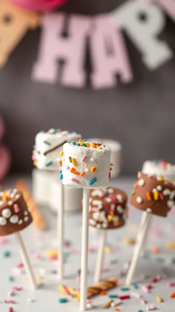 Colorful mini chocolate marshmallow pops with sprinkles