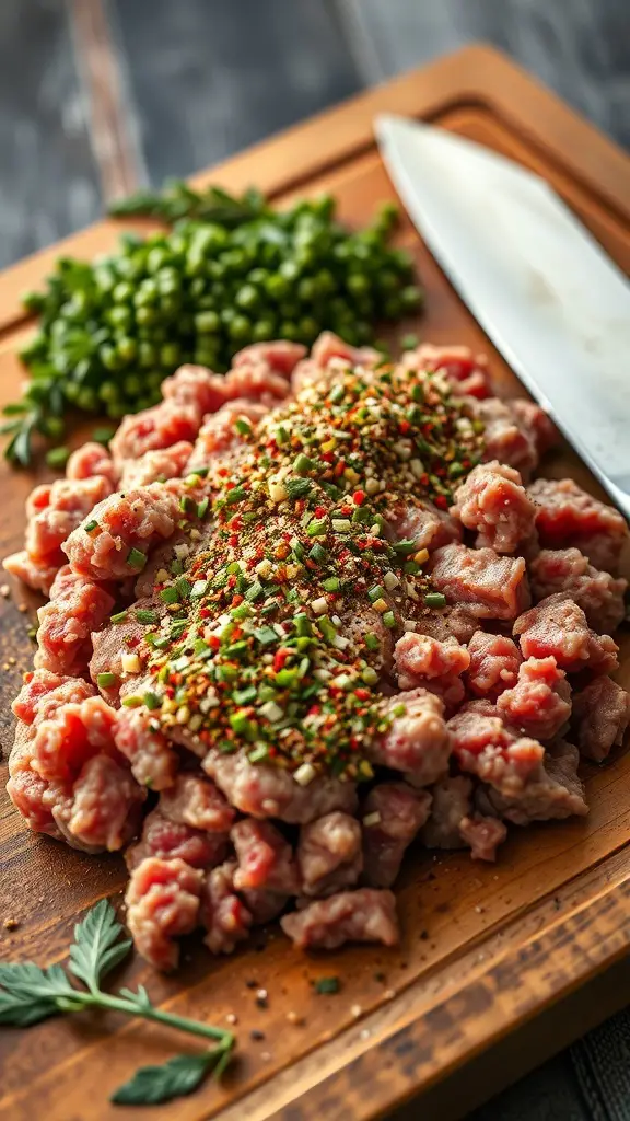 Ground beef with spices on a wooden cutting board, surrounded by fresh herbs.