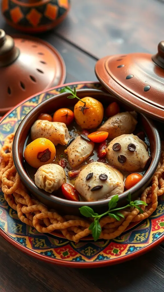 A tagine dish with chicken and apricots, beautifully presented on a colorful plate.