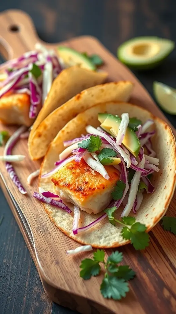 Crispy baked fish tacos with cabbage, avocado, and cilantro on a wooden board