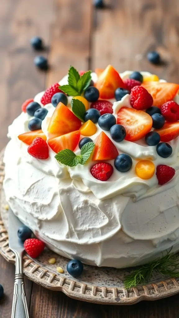 A fruit-loaded pavlova topped with whipped cream and a variety of fresh fruits, including strawberries, blueberries, and raspberries.