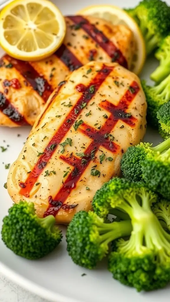 Grilled chicken with lemon slices and broccoli on a plate