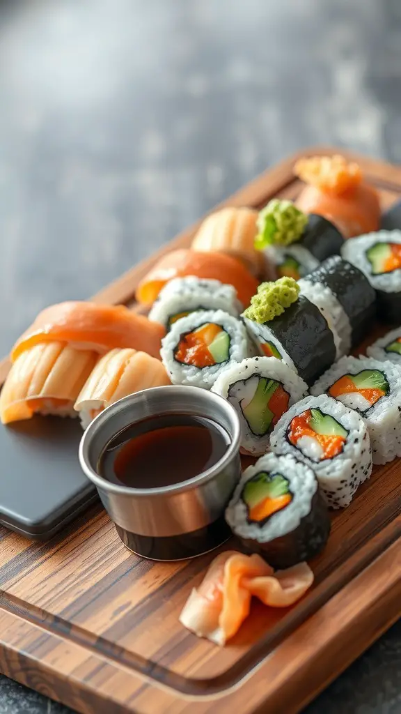 An assortment of sushi rolls with soy sauce on a wooden platter.