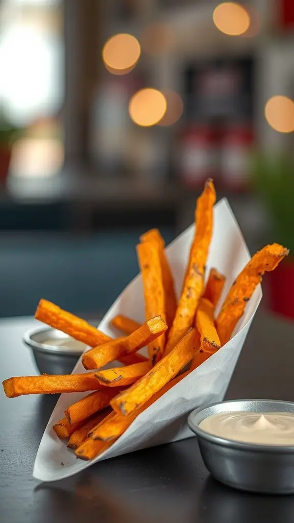 A serving of baked sweet potato fries in a paper cone with two small bowls of dipping sauce.