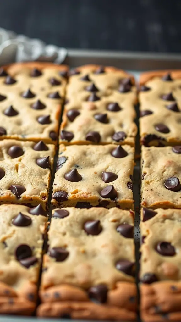 A tray of chocolate chip cookie bars cut into squares, topped with chocolate chips.